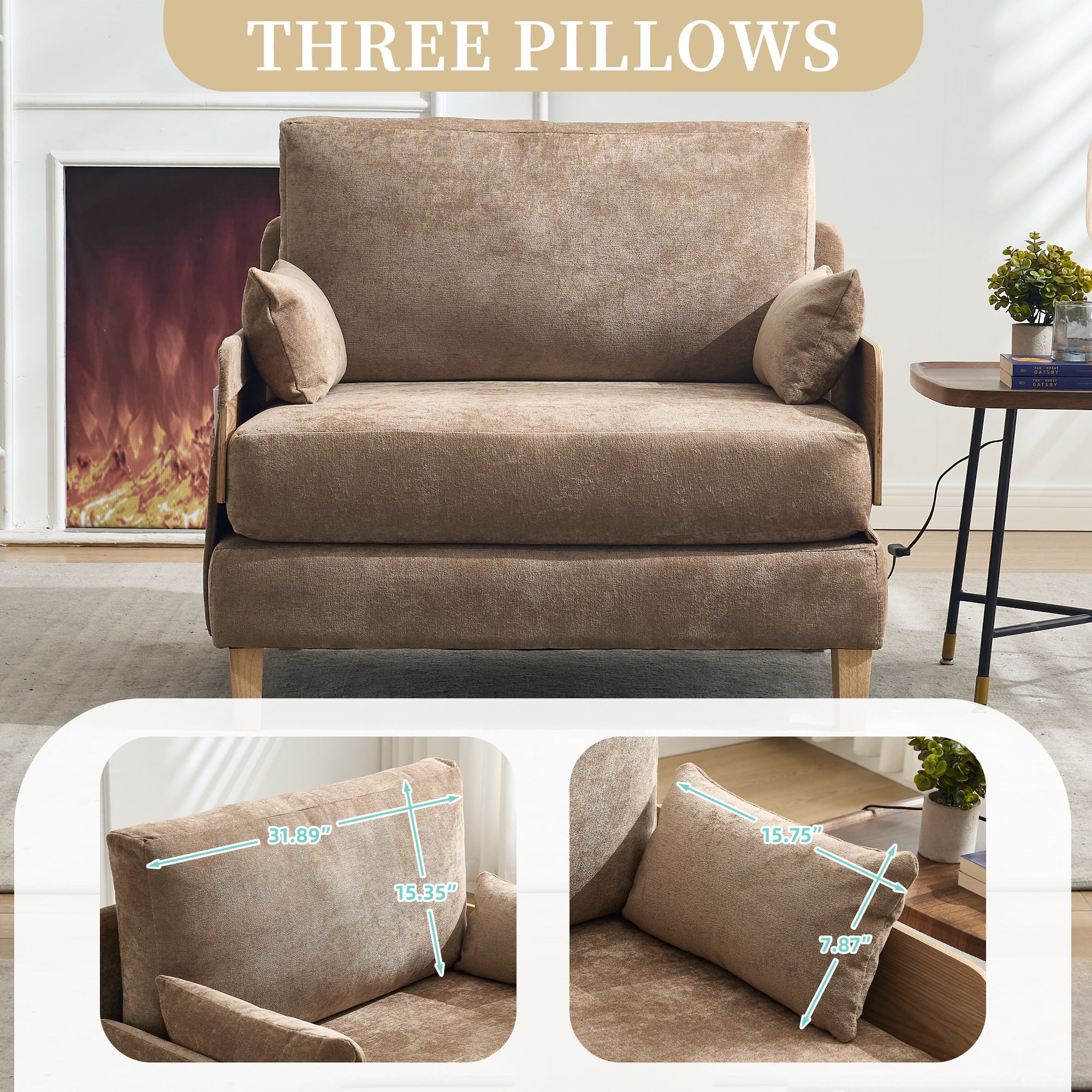 MOONMISS Chenille 3-in-1 Convertible Sleeper Foldable Sofa Bed Recliner Chair with 3 Pillows,Light Brown