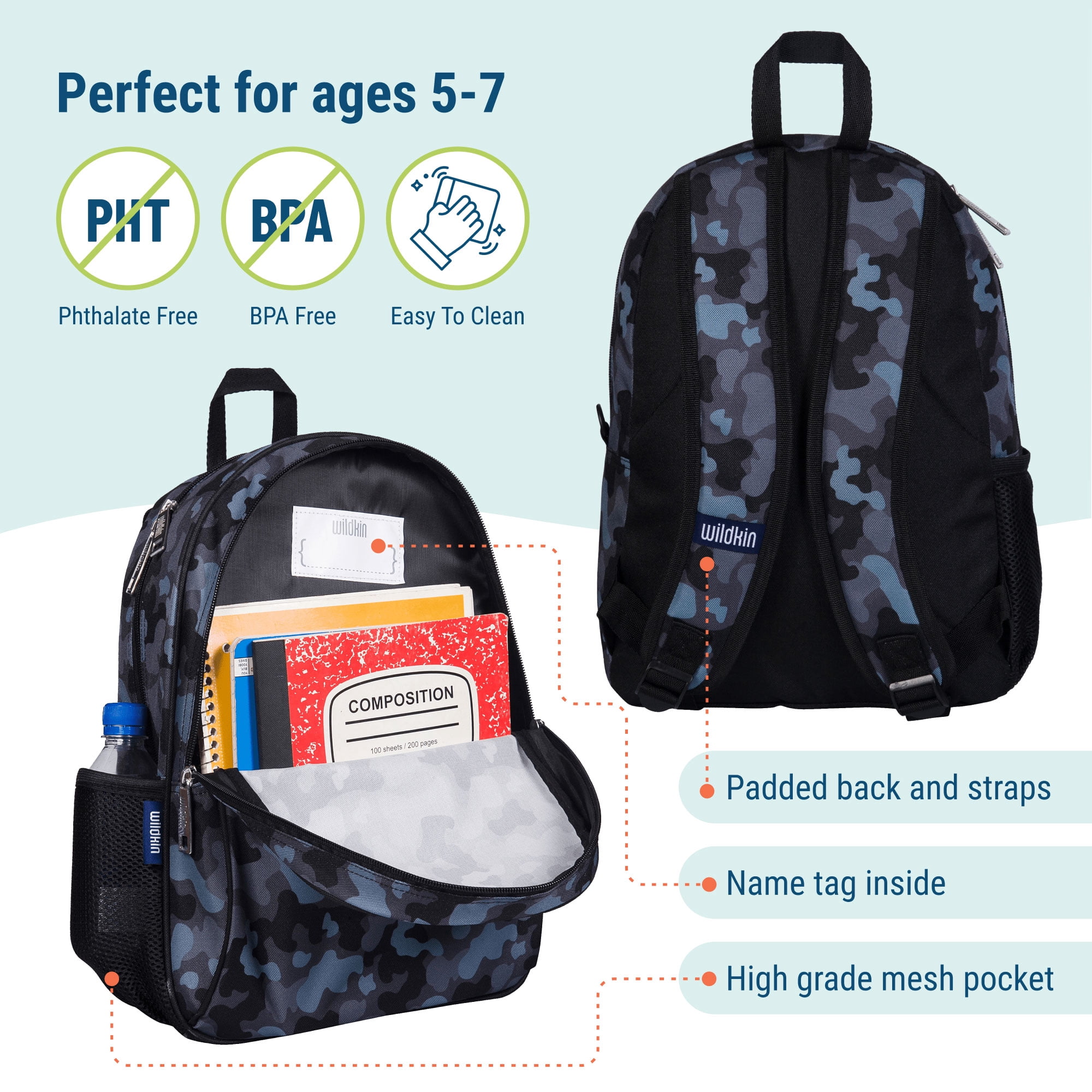 Wildkin Kids 15 Inch Backpack for Boys and Girls (Black Camo)