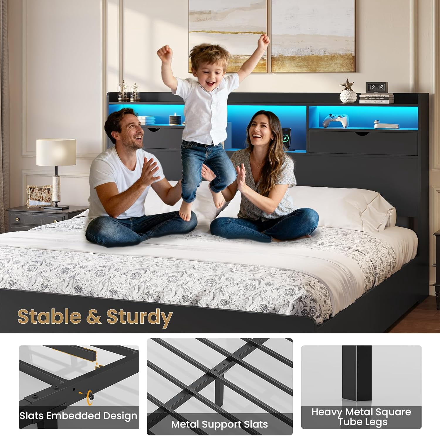 California King Bed Frame with 4 Storage Drawers&Bookcase Headboard, Black Platform Bed Frame with Charging Station and LED Lights, Modern Storage Beds, No Noise, Black