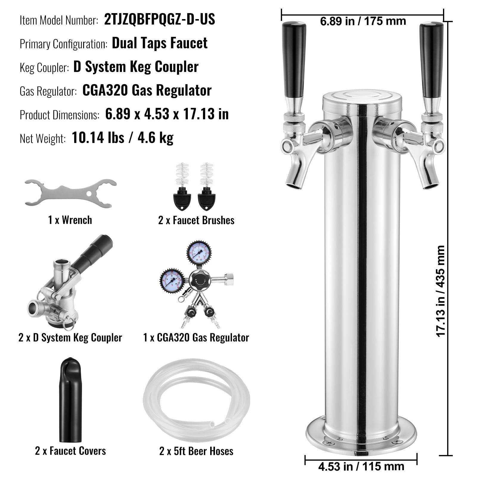 KFFKFF Kegerator Tower Set, Two-Tap Beverage Modification System, Metallic Keg Beverage Tower Distributor with Dual Indicator CGA320 Controller & D-System Keg Connector, Auto-Shut Spring
