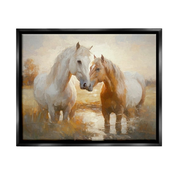 Stupell Industries Horses in Shallow Creek Animals & Insects Painting Black Floater Framed Canvas Art Print Wall Art, 21 x 17