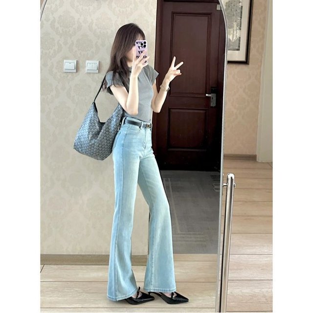 light blue Micro-blared Jeans High Waist Slim-fit Summer New Stretch Slim-fit Micro-flared Trousers