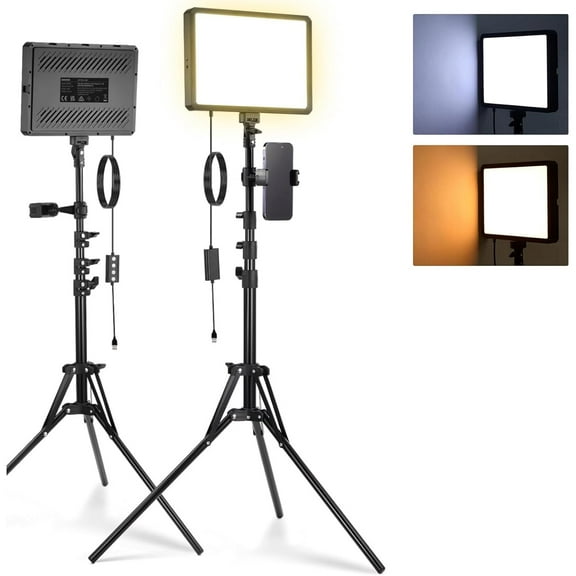 Basics 2Pcs LED Video Light Panel with 59'' Tripod Stands/Phone Holders, 2700-6500K 850Lux Dimmable Plastic Studio Lighting for Photography Filming Recording Live Streaming, No Adapter, BP300