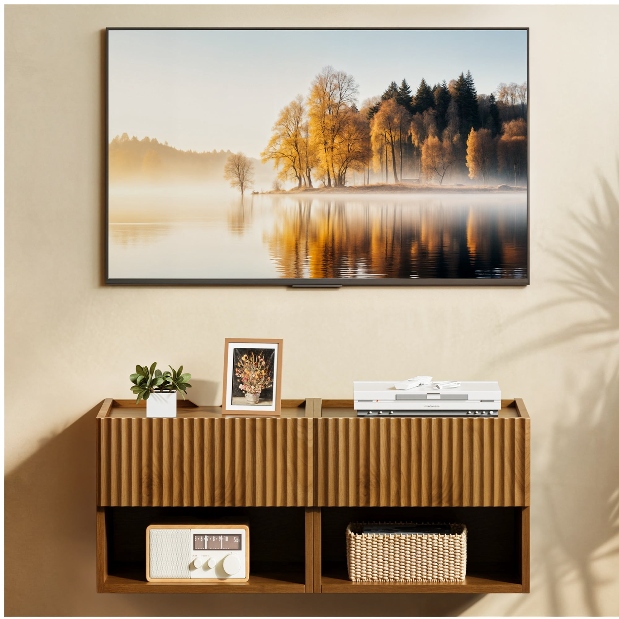 Wood Wall-Mounted Nightstand Set of 2 with Drawer - Space-Saving Floating Bedside Table for Bedroom, Living Room, Hallway or Entryway, Brown