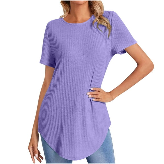 Women's Short Sleeve Tops Summer Casual Knit Loose Flowy Curved Hem Crew Neck Shirts Soft Breathable Blouses (XL, Purple)