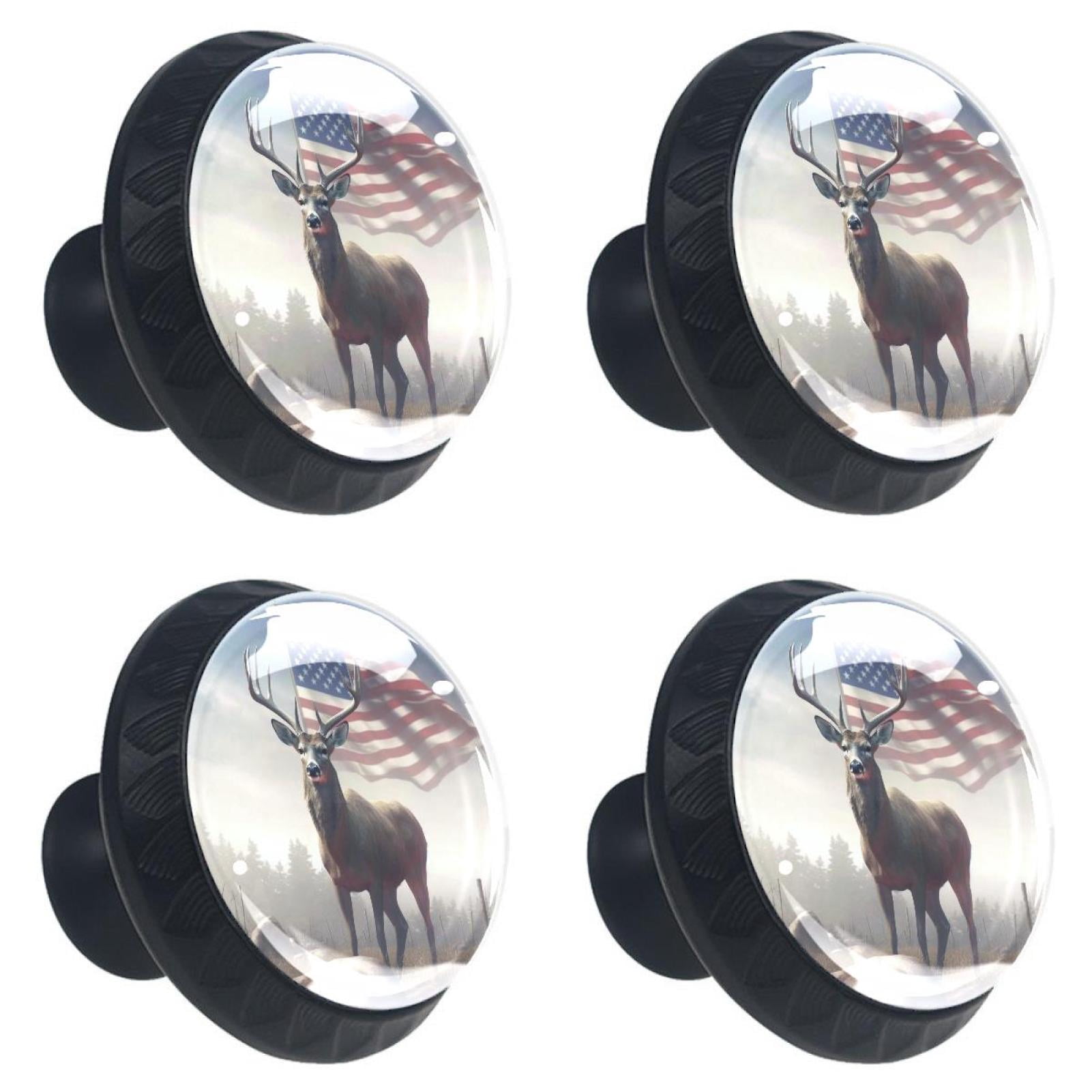 4 Pcs Deer and American Flag Knobs for Kitchen Cabinet Cupboard Dresser Bookcase Drawer Pulls Handles Round Home Decor