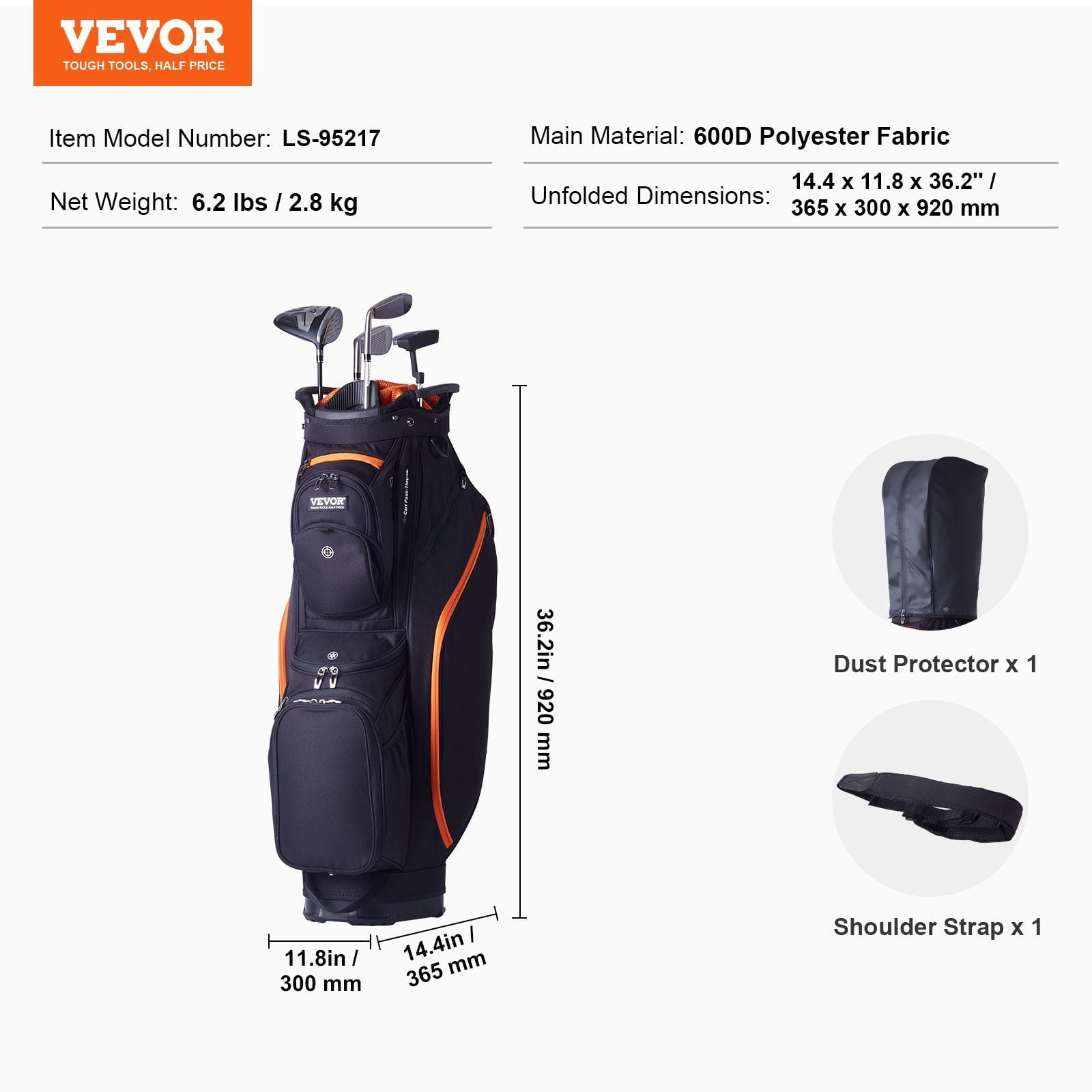 Golf Cart Bag with 14 Way Organizer Divider Top, 36' 13 Pockets Premium Cart Bag, Durable Golf Bags with Handles & Dust Cover & Detachable Straps for Men & Women, Black & Orange