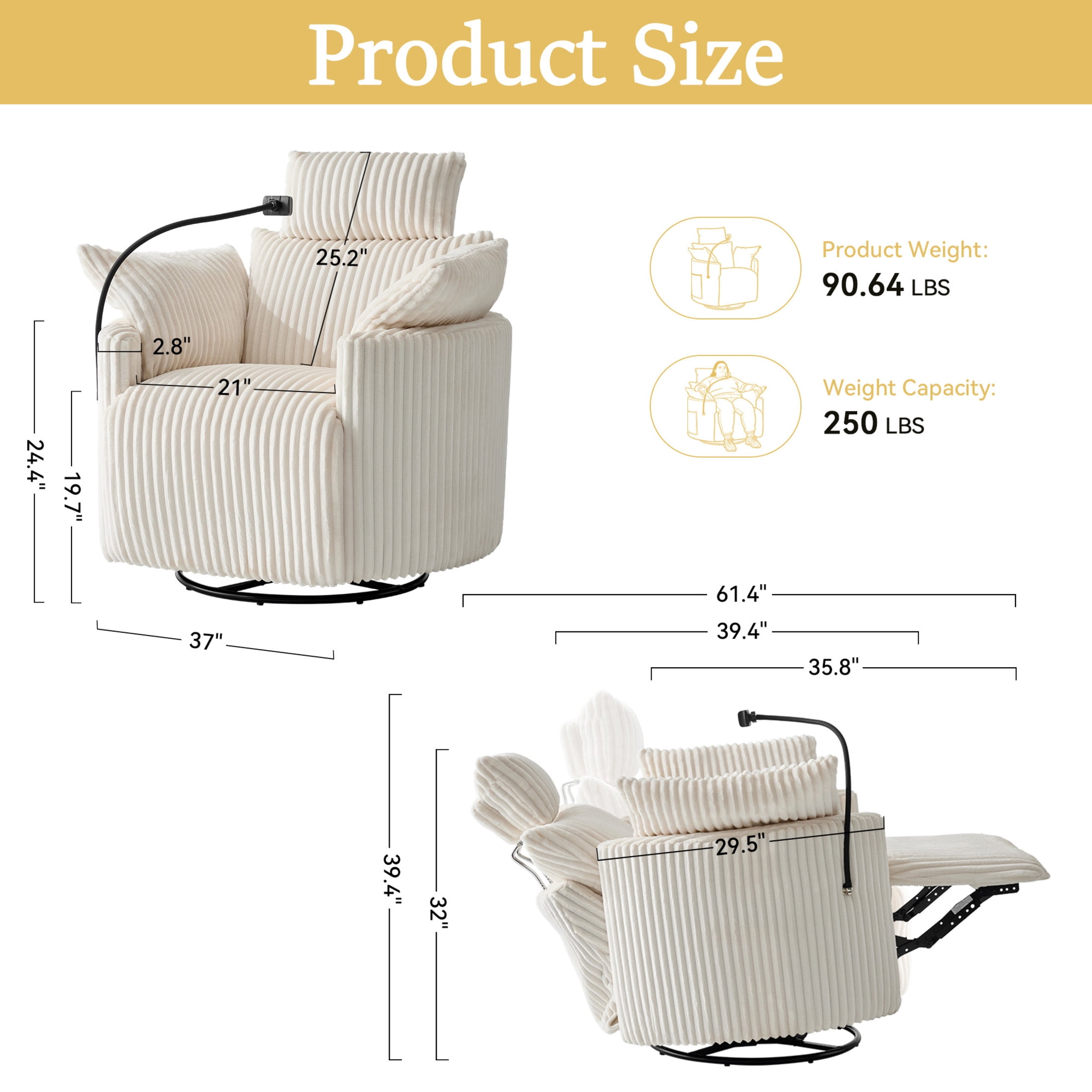 Noble House Sigrid 360° Swivel Rocking Recliner Chair, Electric Power Adjustable Corduroy Armchair with USB, White
