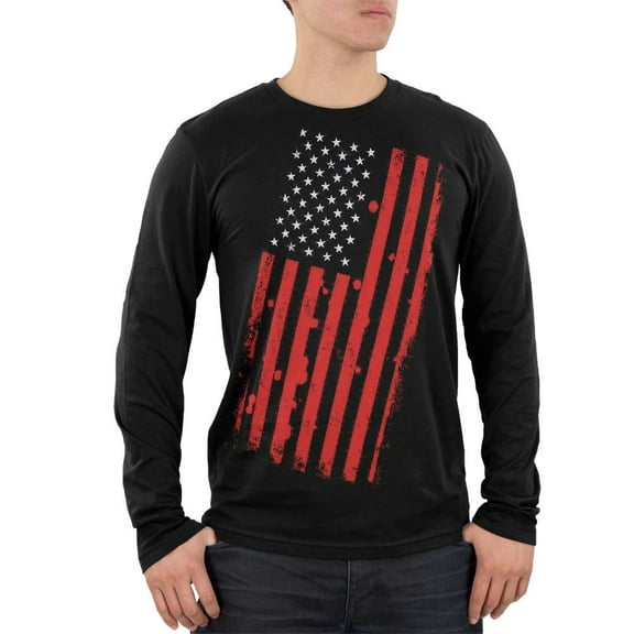 4th of July Distressed Offset American Flag Mens Soft Long Sleeve T Shirt Black 2XL