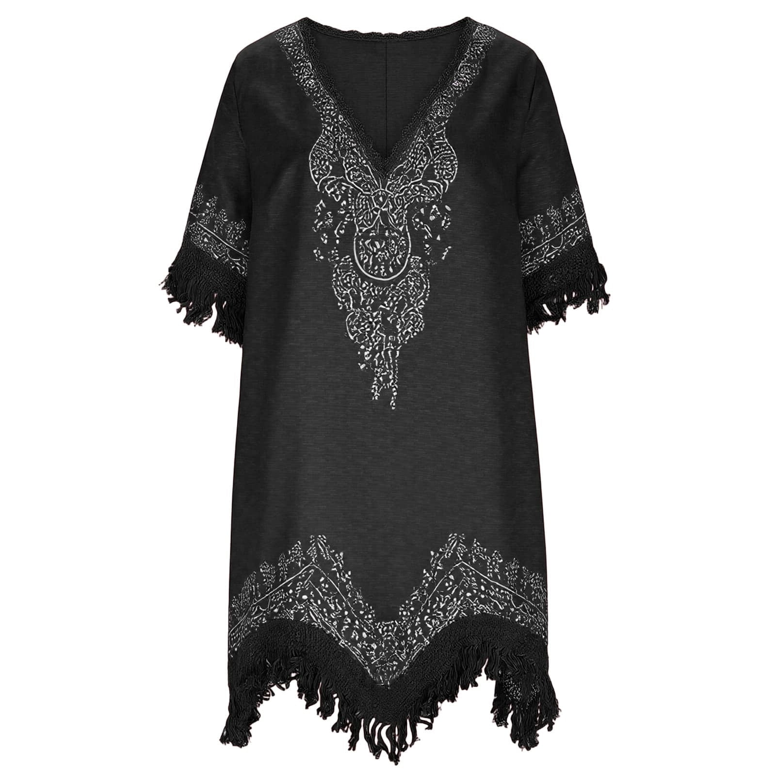 Women's Boho Summer Embroidered Linen Mini Dress, Loose V Neck Short Sleeve Casual Beach Coverups Tassels Dresses