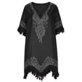 thumbnail image 6 of Women's Boho Summer Embroidered Linen Mini Dress, Loose V Neck Short Sleeve Casual Beach Coverups Tassels Dresses, 6 of 7