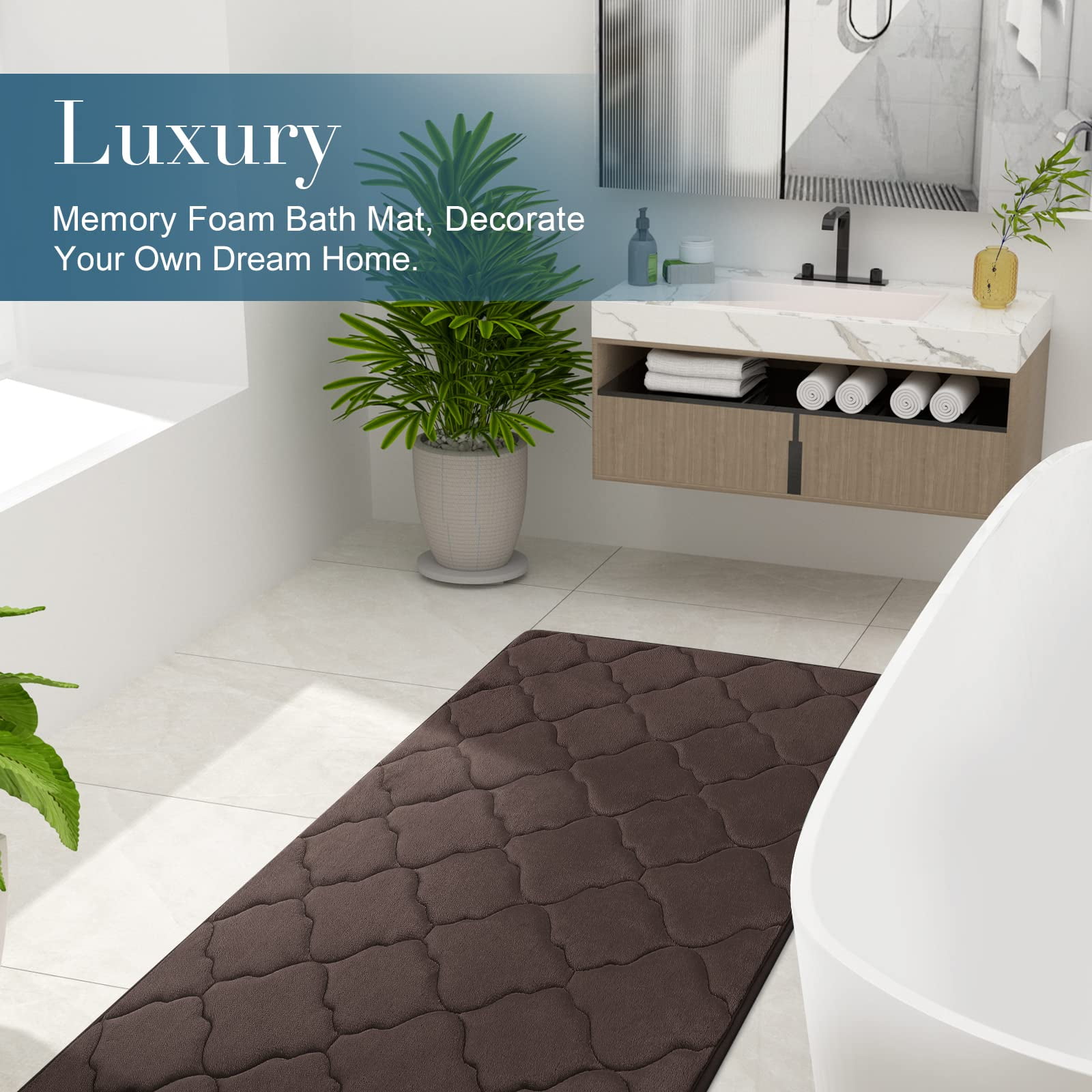 Buganda Memory Foam Bathroom Rugs, Ultra Soft and Absorbent Bath Mat, Thick Bath Rug for Bathroom Floor, 47x17, Brown