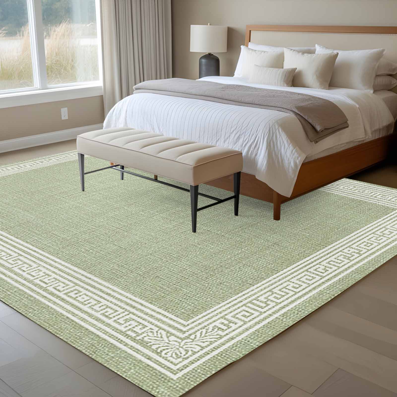 6x9 Area Rugs for Living Room, Sage Green Retro Greek Key Non Slip Area Rugs for Kitchen Bedroom Entryway, Geometric Greece Ancient Rustic Washable Carpet Runner Rug Floor Mats for Bedroom