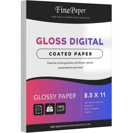 Gloss Digital Paper – Perfect for Color Laser Printing, Design Proposals, Flyers, Brochure | 8.5 x 11” Letter Size | 100lb Text (40lb Bond) | 94 Bright | Acid Free, Glossy Coated Finish | 100 Sheets