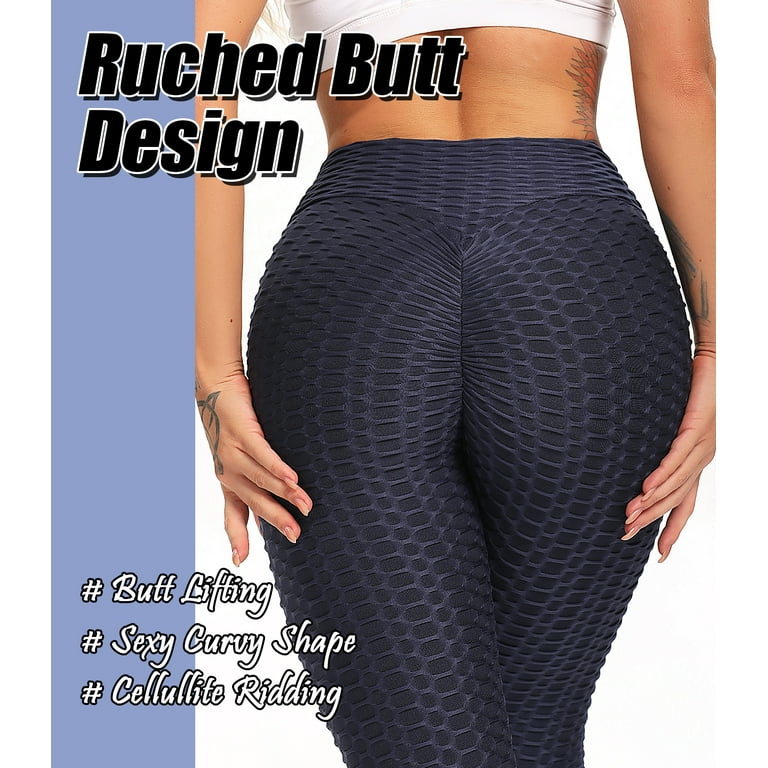 SEASUM Women's High Waist Yoga Leggings Tummy Control Butt Lift Tights  Textured Workout Running Pants Navy Blue S 