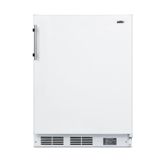 Counter height break room refrigerator-freezer in white with NIST calibrated thermometer and alarm