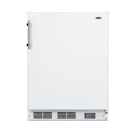 Counter height break room refrigerator-freezer in white with NIST calibrated thermometer and alarm