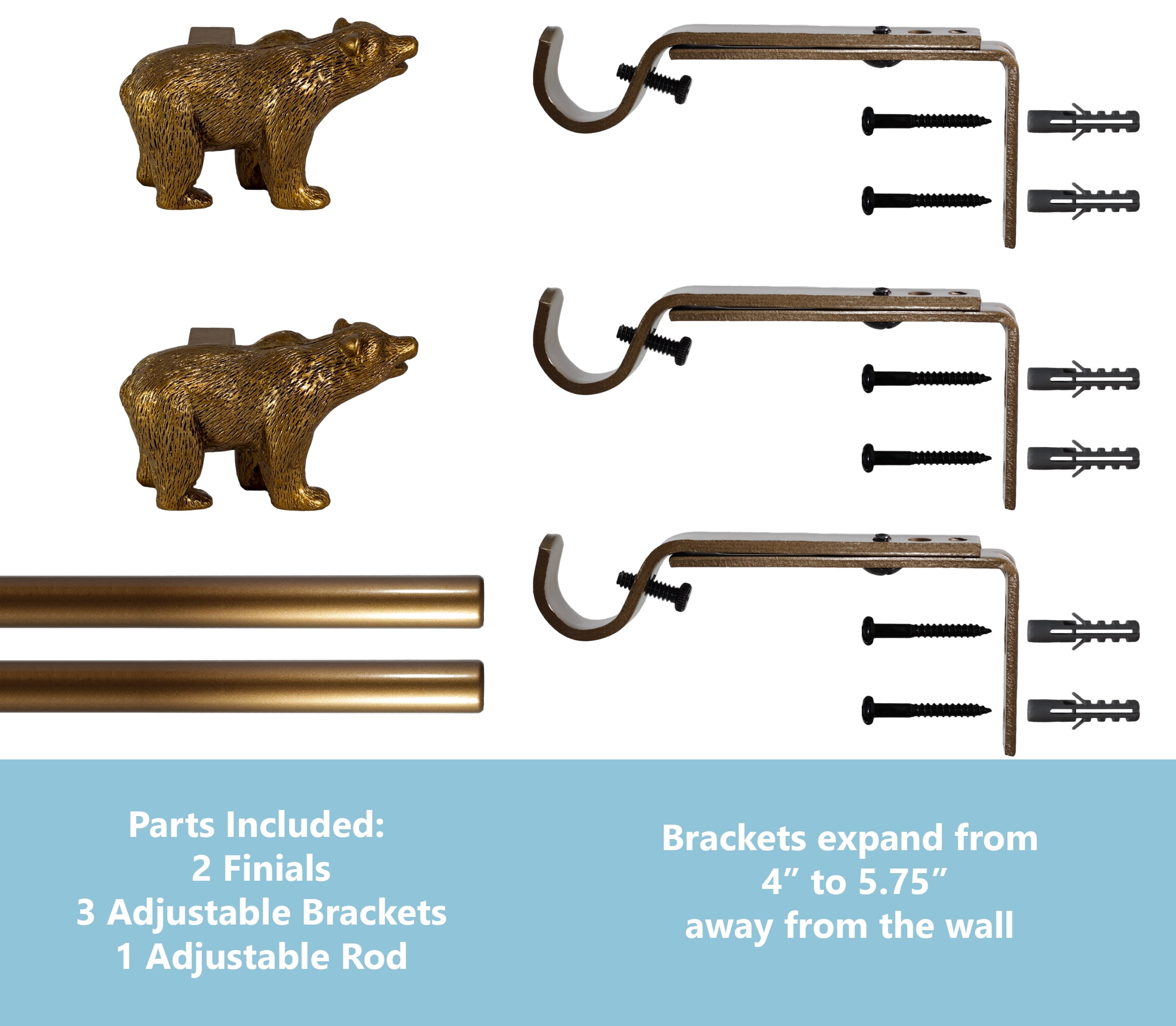 Urbanest Farmhouse Bear 3/4" Adjustable Curtain Rod – Heavy-Duty Telescoping Drapery Rod with Decorative Bear Finials – Extendable Window Rod for Curtains & Drapes, 84"–120″, Renaissance Gold