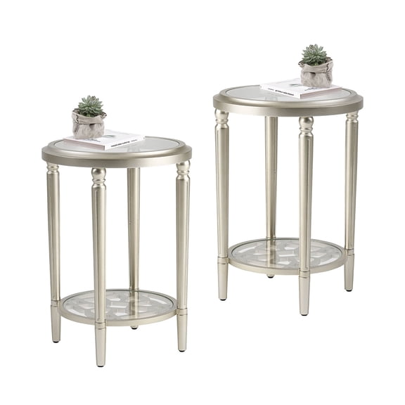 COSIEST 2PCS Modern 2-Tier Glass Champagne Round Distressd End Table Side Table,for Living Room, Bedroom