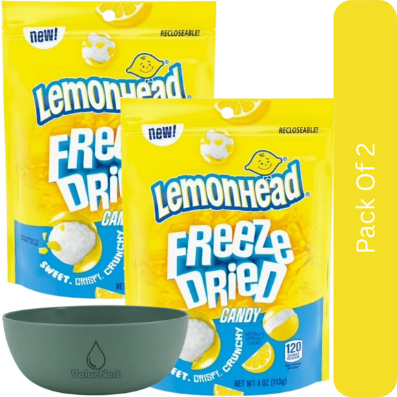Lemonhead Freeze Dried Candy, Lemon Flavored, Resealable Bag, 4 oz-2pk, With Olive Green Bowl By ValueNest