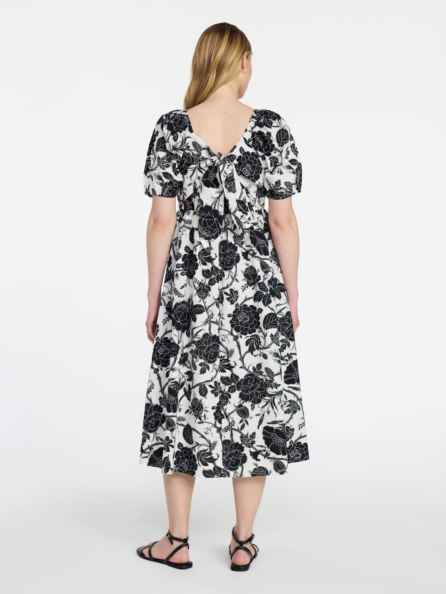 Time and Tru Women's and Women's Plus Cotton Back Tie Midi Dress with Short Puff Sleeves, Sizes XS-4X