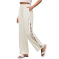 thumbnail image 3 of ManxiVoo Women's Crochet Panel Linen Pants – Elastic Waist High Waisted Wide Leg Casual Summer Beach Trousers, 3 of 8