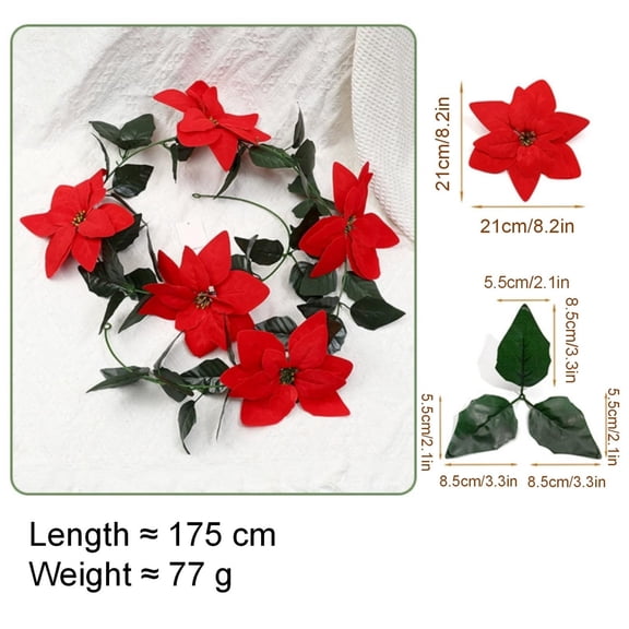 Christmas Poinsettia Garland, Red Green Mantel Decor, Stackable Holiday Vine, Adds Full Festive Blooms and Bends for Custom Shaping for Mantel, Staircase, and Party Backdrop.