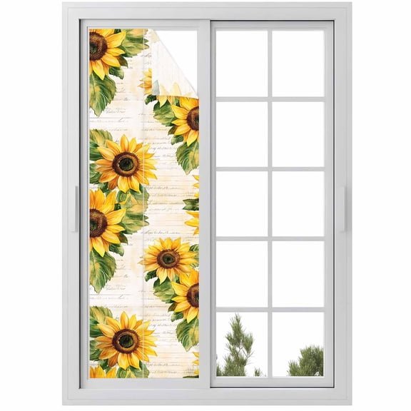 Sun Blocking Glass Window Film, Sunflower Window Privacy Film Frosted, Summer Botanical Vintage Floral Spring Reusable Windows Privacy Sticker for Home Decor, Nursery, 23.6 x 78.7 Inches