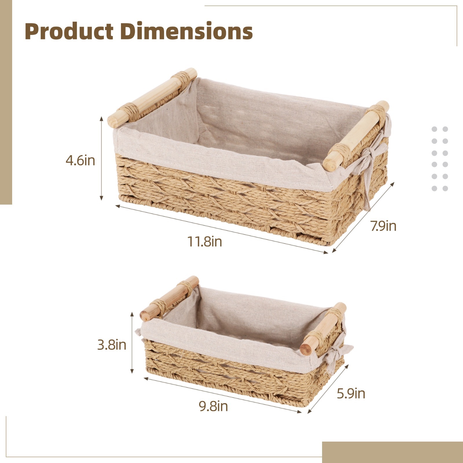 2 PCS Wicker Storage Baskets with Wood Handles, Rattan Basket Organizer for Shelves, Decorative Rectangle Wicker Basket, Organizing Basket for Bathroom, Storage Basket for Countertop
