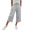 thumbnail image 2 of Oksale Faux Denim Capri Pants for Women Pull On Petite Straight Leg Capris with Pockets Casual High Waisted Button Cropped Trouser Gray M, 2 of 7