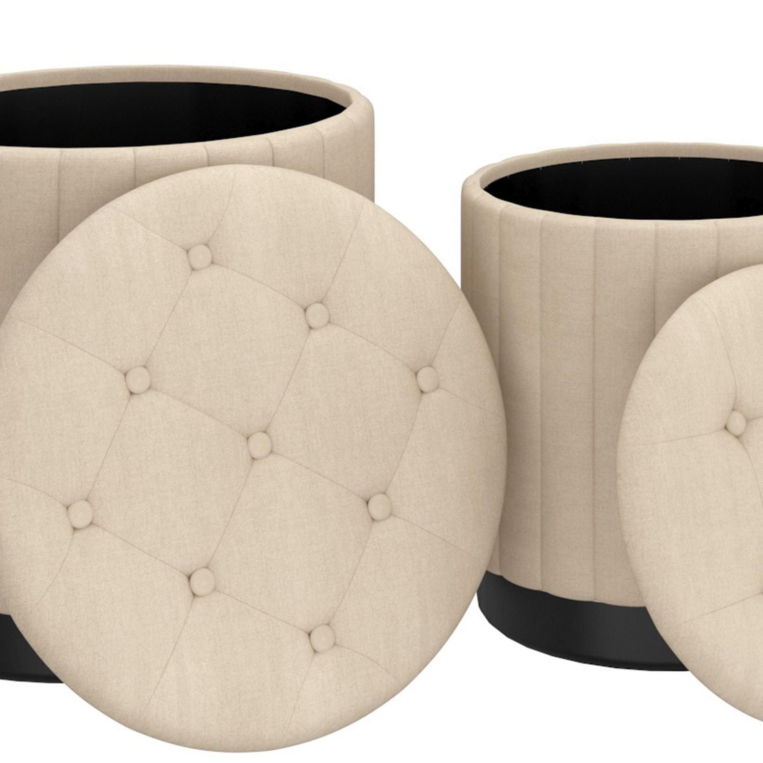 Ensemble de 3 ottomanes de rangement rondes modernes en tissu et en acier inoxydable – beige et noir
