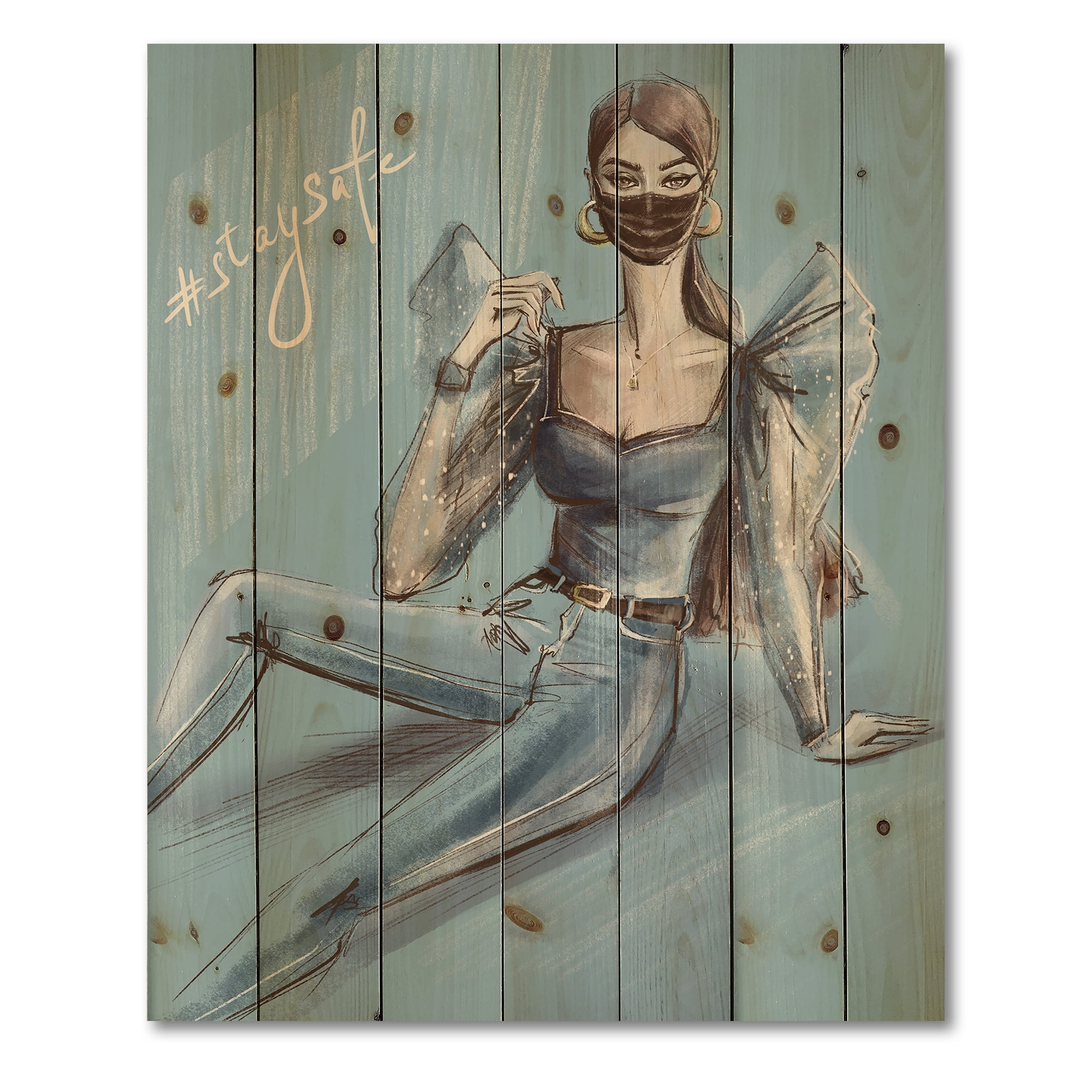 Designart 'Stylish Beautiful Woman Wearing Medical Mask' Traditional Print on Natural Pine Wood