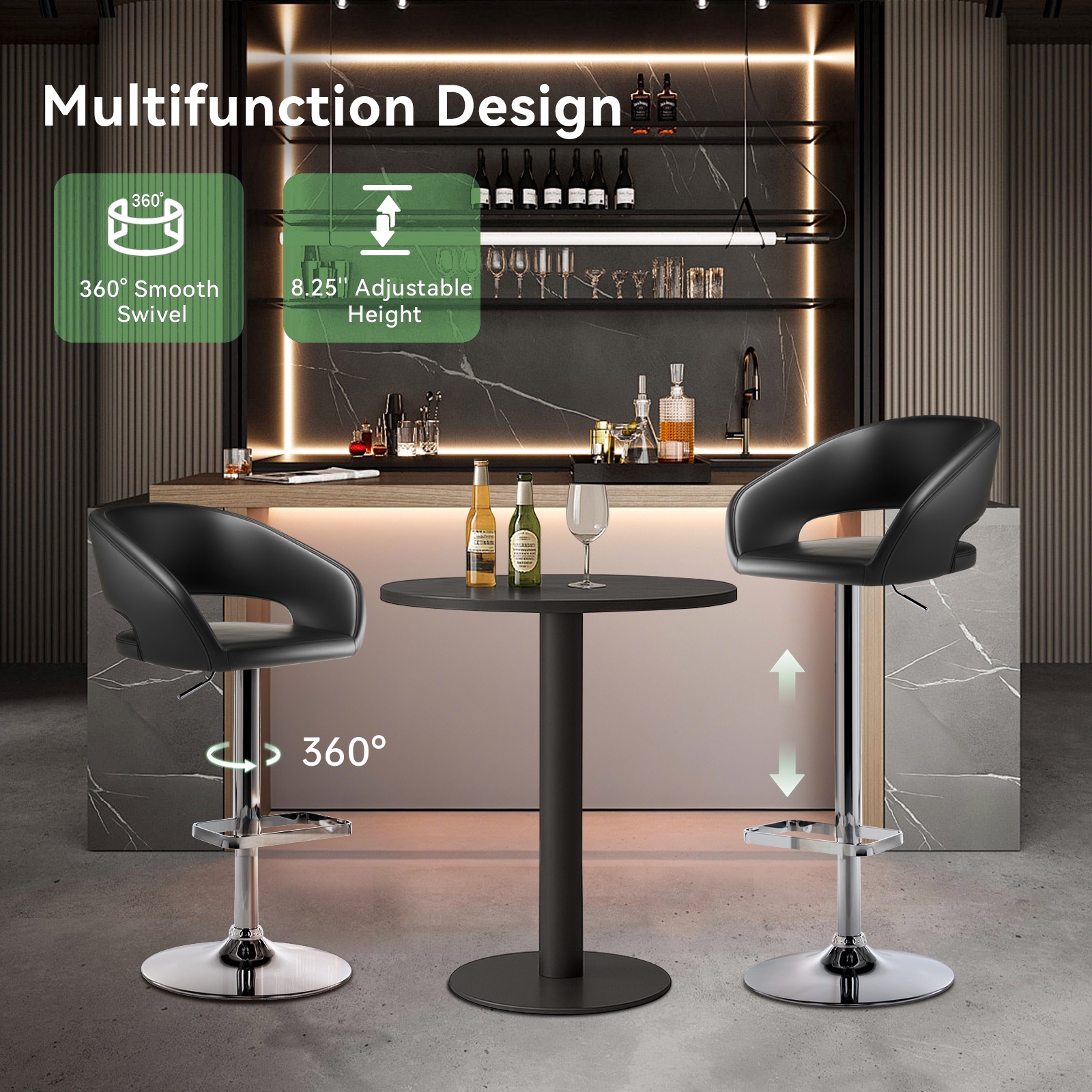 Adjustable Bar Stools, 360-Degree Swivel Barstools with Open Back and Arms, PU Leather Counter Height Island Chairs with Square Footrest for Pub Kitchen Dining Room, Black