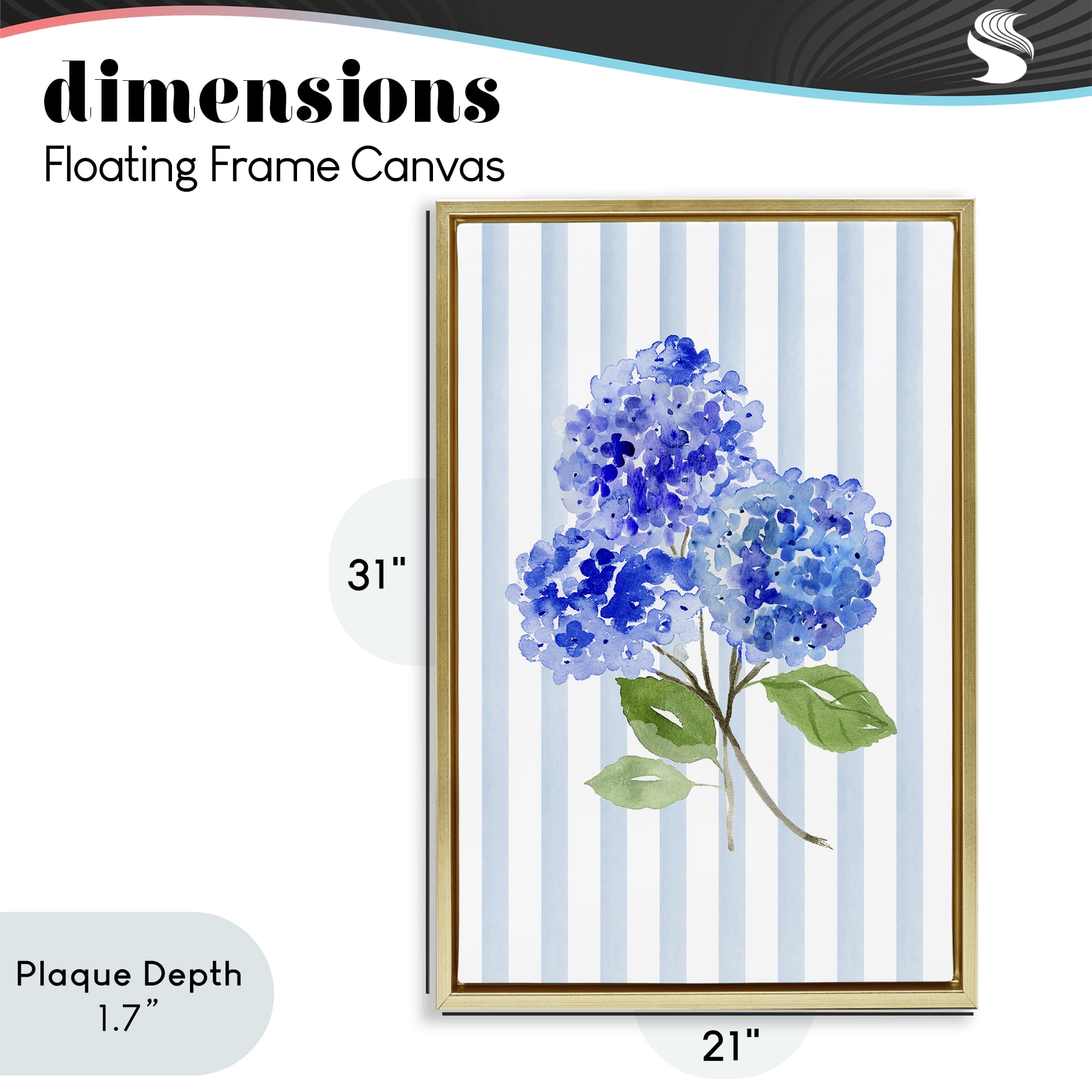 Stupell Industries Blue Hydrangeas over Stripes Gold Framed Floater Canvas Wall Art, design by Corinne Haig