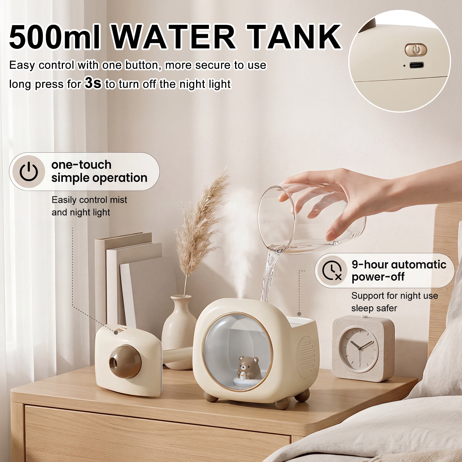 Ikoopy Portable Air Humidifier for Bedroom with Night Light Cartoon Cool Mist Humidifier for Baby with 9H Auto Shut Off 2 Mist Modes for Home Office