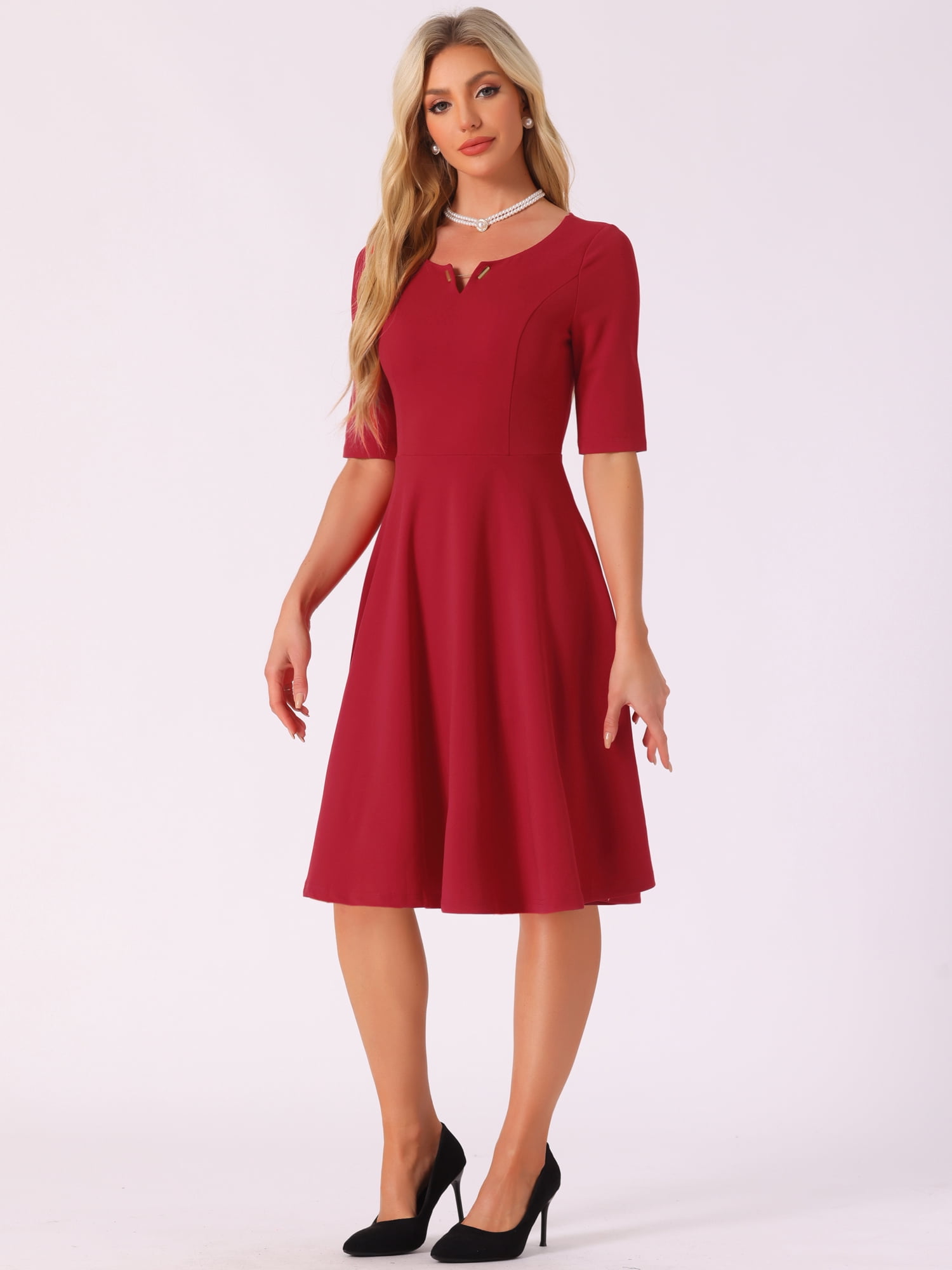 DARING DIVA Elegant A-Line Work Casual Midi Dress M Red