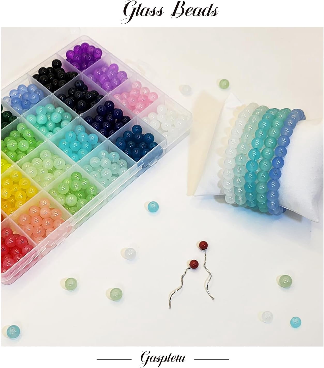 1200PCS 8mm Glass Beads for Jewelry Making, 24 Colors Crystal Beads Bracelets Making Kit, 2 Box Round Beads Suitable for Beginners