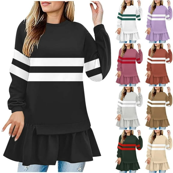 FRSASU Womens Dresses Fall Long Sleeve Dress Casual Round Neck Tiered Flowy Aline Tie Waist Shirt Dress White XL(XL)