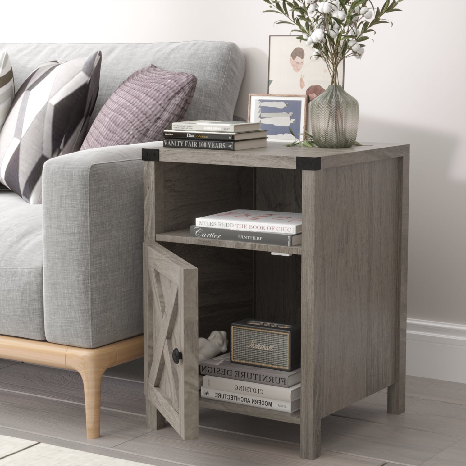 Catrimown Farmhouse Nightstand, Side Table, End Table with Barn Door and Shelf, Rustic Modern Bed Night Stand for Bedroom, Living Room, Grey Wash