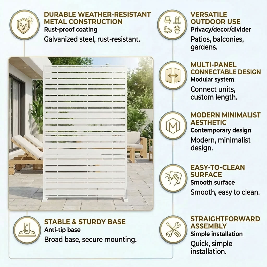 MAYEERTY 72" x 47" Outdoor Metal Privacy Screen, 6-Panel Decorative Screen for Patio, Balcony & Garden, White