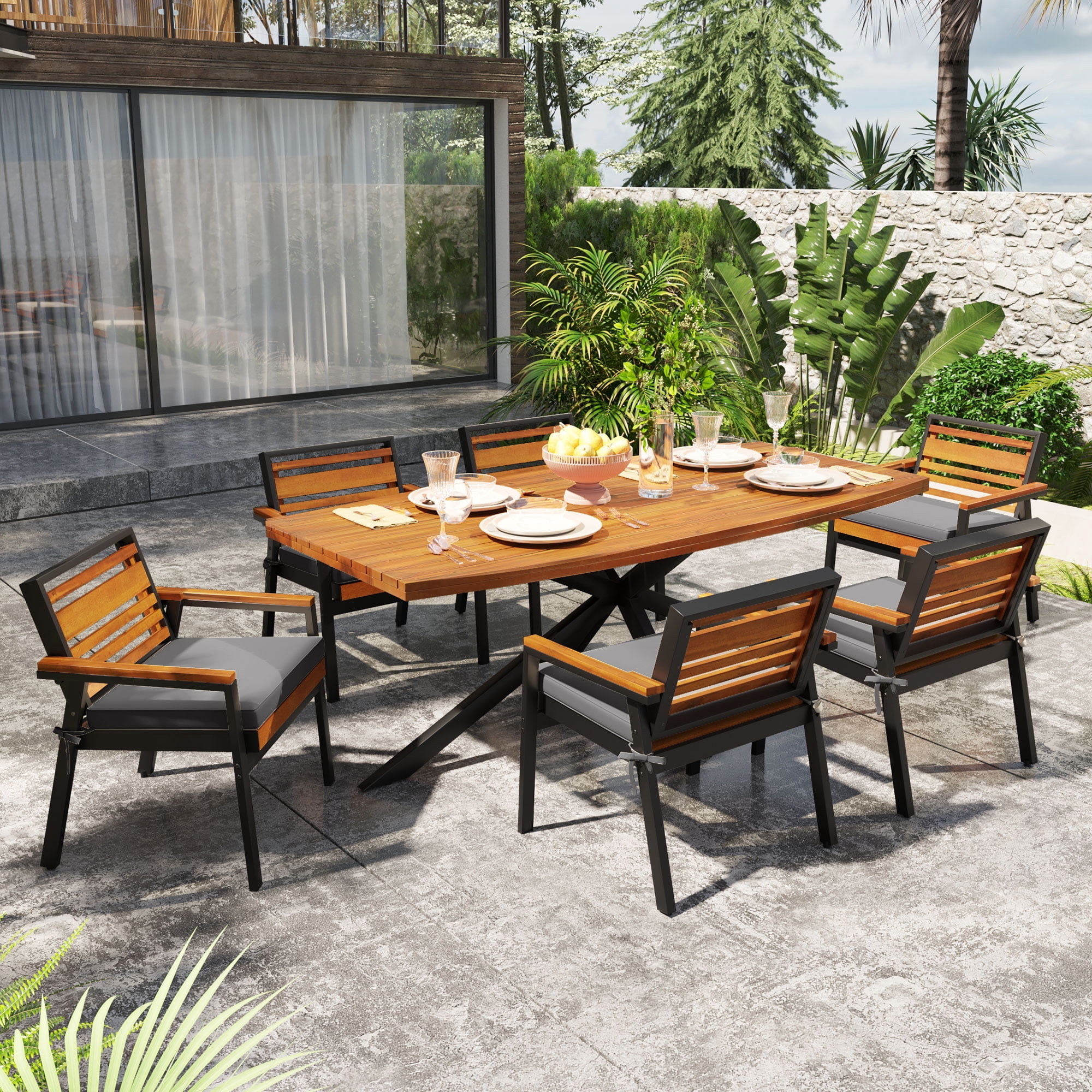 Mintazer 7-Piece Patio Dining Set, Modern Outdoor Furniture Set with Rectangular Table & 6 Detachable Cushions Chairs for Patio Garden Balcony Backyard, Grey & Natural