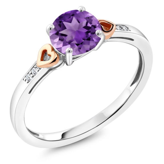 Gem Stone King 1.23 Ct Round Purple Amethyst White Diamond 925 Silver and 10K Rose Gold Ring (Size 9)