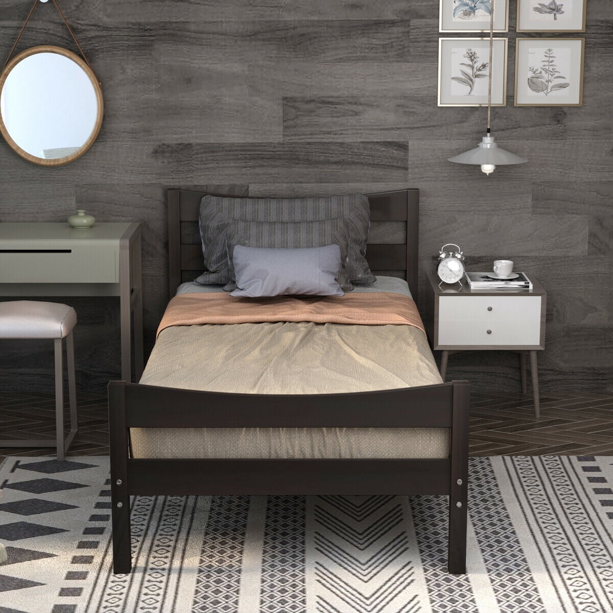 Gymax Twin Size Platform Bed Frame Foundation w/Headboard &Wood Slat Support Espresso