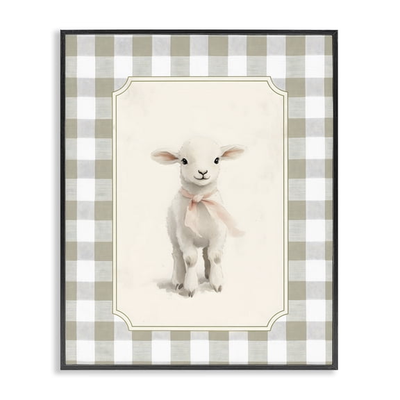 Stupell Industries Shabby Chic Gingham Lamb with Pink Ribbon Black Framed Giclee Art, 11 x 14, by Arlington Prints
