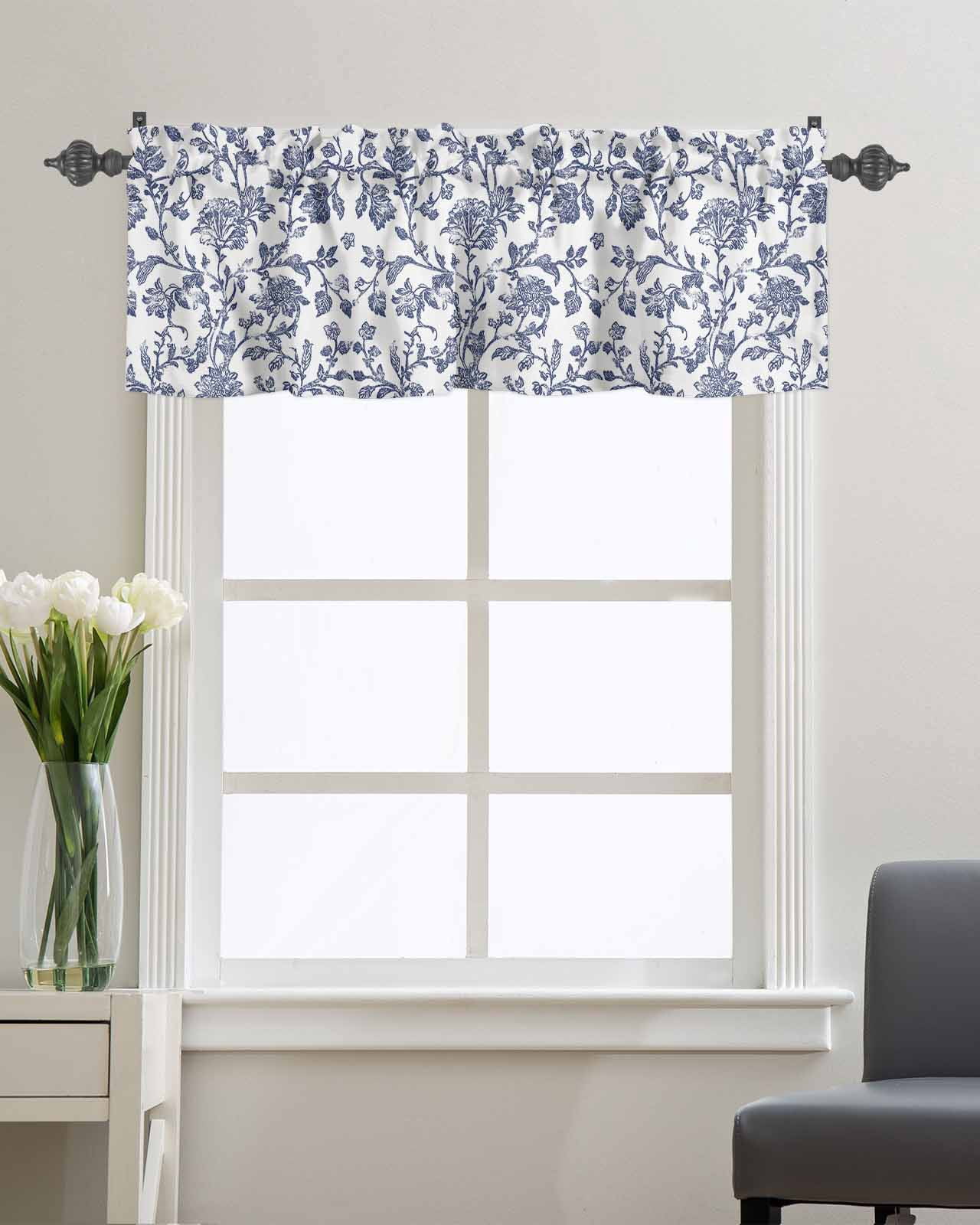 Watercolor Dark Blue Flower Curtain Valances for Kitchen Windows,Rod Pocket Short Valance Retro Pastoral Floral Texture Window Treatment for Living Room Bathroom Bedroom,42" x 12"-1 Panel