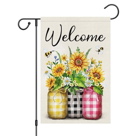 VOCHIC Welcome Summer Sunflower Garden Flag 12x18 Mason Jar Floral Garden Yard House Flags for Spring Summer Seasonal Outside Outdoor House Decor (ONLY FLAG)