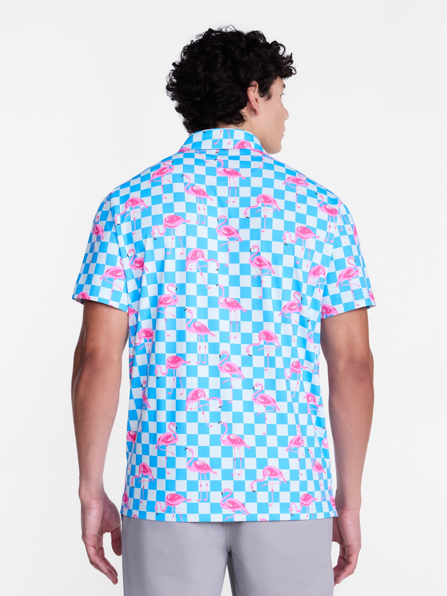Birdie Bound Men's and Big Men's Printed Checkerboard Flamingo Polo Shirt, Sizes XS-4XLT