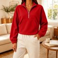 thumbnail image 2 of Liweisiy Women's Half Zip Stand Collar Sweatshirt Drop Shoulder Long Sleeve Solid Color Shirts With Pocket Casual Cropped Pullover Tops Red S, 2 of 5