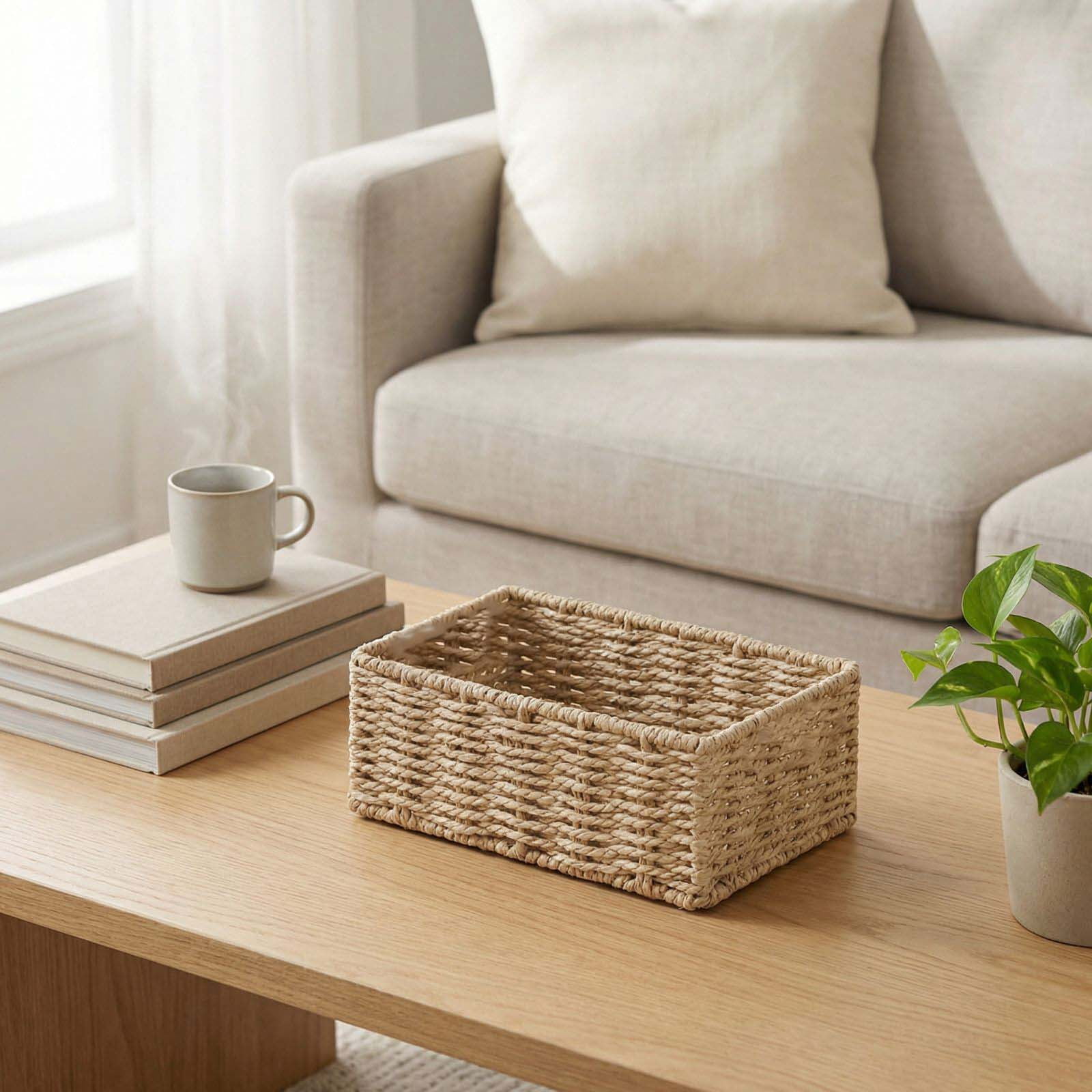 Rattan Storage Basket Lid Paper Rope Desktop Organizer Wicker Basket for Bedroom Sundries Organizer Stylish Woven Box