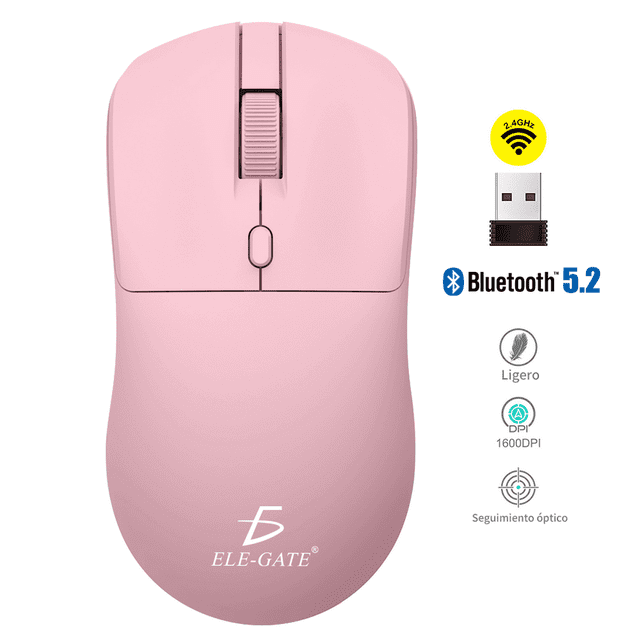 Mouse Inalámbrico Bluetooth 5.2 + 2.4G Óptico 1600 DPI Rosa ELE-GATE Ligero Ergonómico